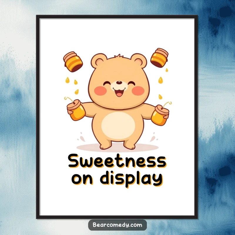 Funny bear digital art print of a cheerful character juggling honey pots, a delightful and humorous piece for any screen or print.