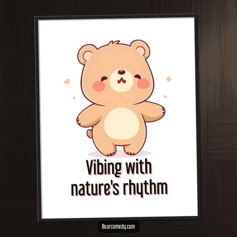 Funny digital art print of a bear character humming and swaying happily while dancing in a gentle breeze.