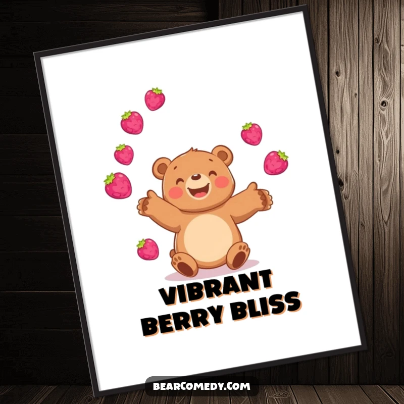 Funny bear digital art print of a happy bear juggling bright, bouncing berries, a cheerful and fruity piece for any display.