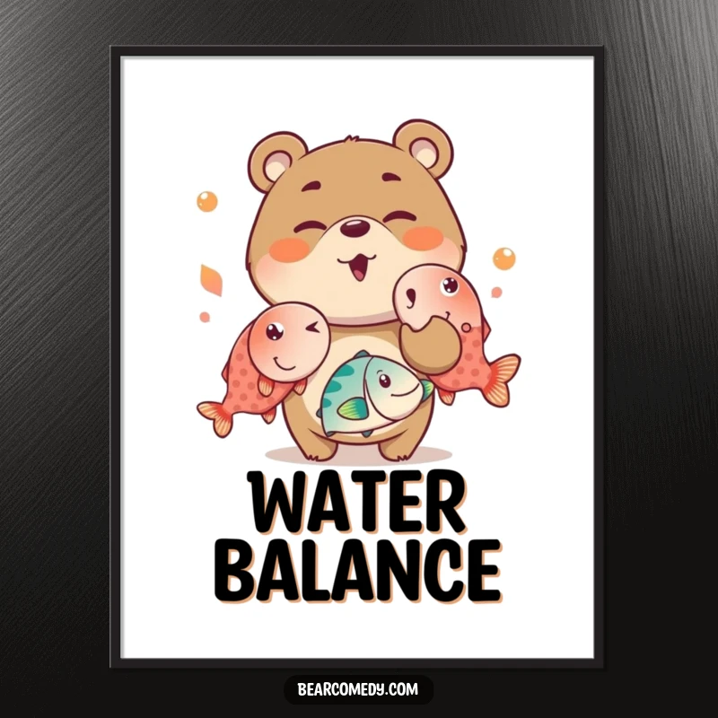 Funny digital art print of a mischievous bear charactere winking while juggling oversized, bright fish, ideal for lively and humorous decor.
