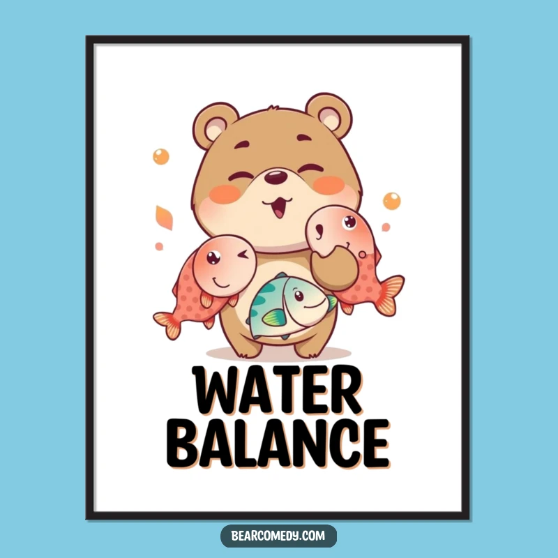 Funny Juggling Bear Digital Art: Mischievous Bear, Fish Print, Gift
