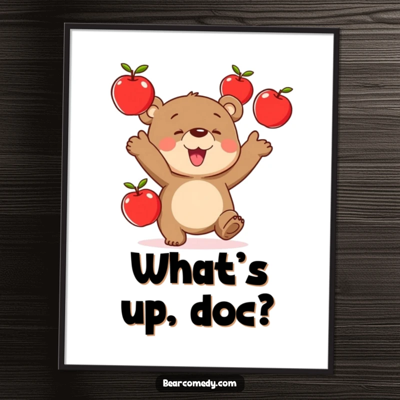 Funny digital art of a bear character gleefully juggling three bright red apples, full of playful spirit.