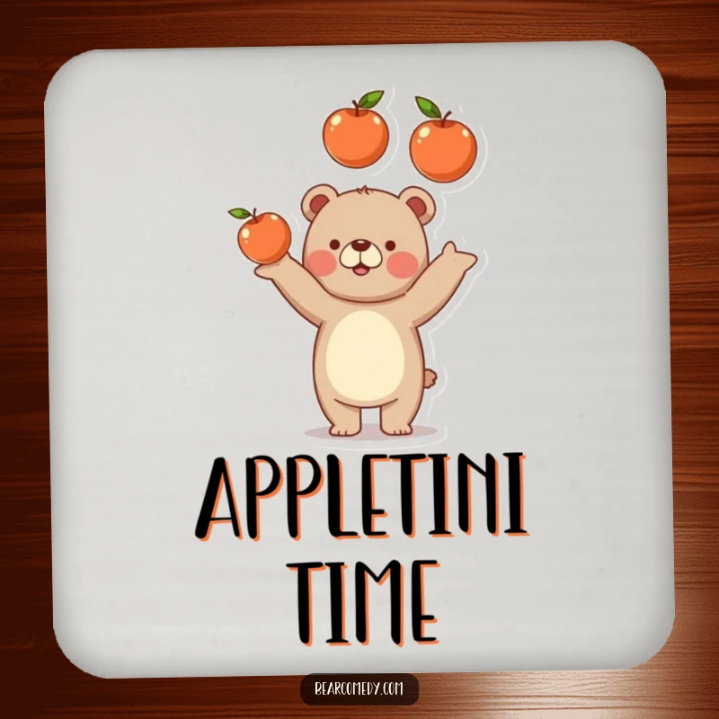 Funny bear drink coaster featuring a bear playfully juggling three delicious apples, adding humor to any surface.
