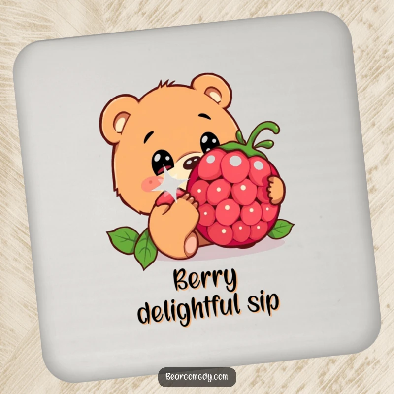 Funny drink coaster showing a bear character with innocent eyes curiously sniffing a giant, sparkling berry, adding charm to your table.