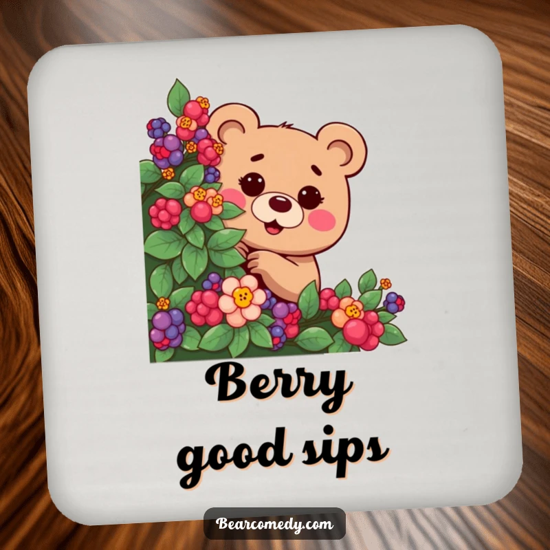 Funny drink coaster with a mischievous bear character, eyes twinkling, playfully peeking from a berry bush, for playful surface protection.