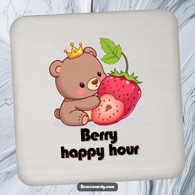 Funny drink coaster featuring a bear with a tiny crown playfully nudging a giant berry.