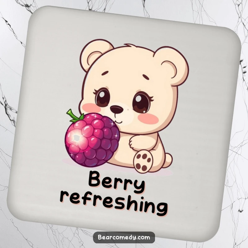 Funny drink coaster featuring a bear character innocently sniffing a giant, sparkling berry with wide, curious eyes, perfect for protecting tables.