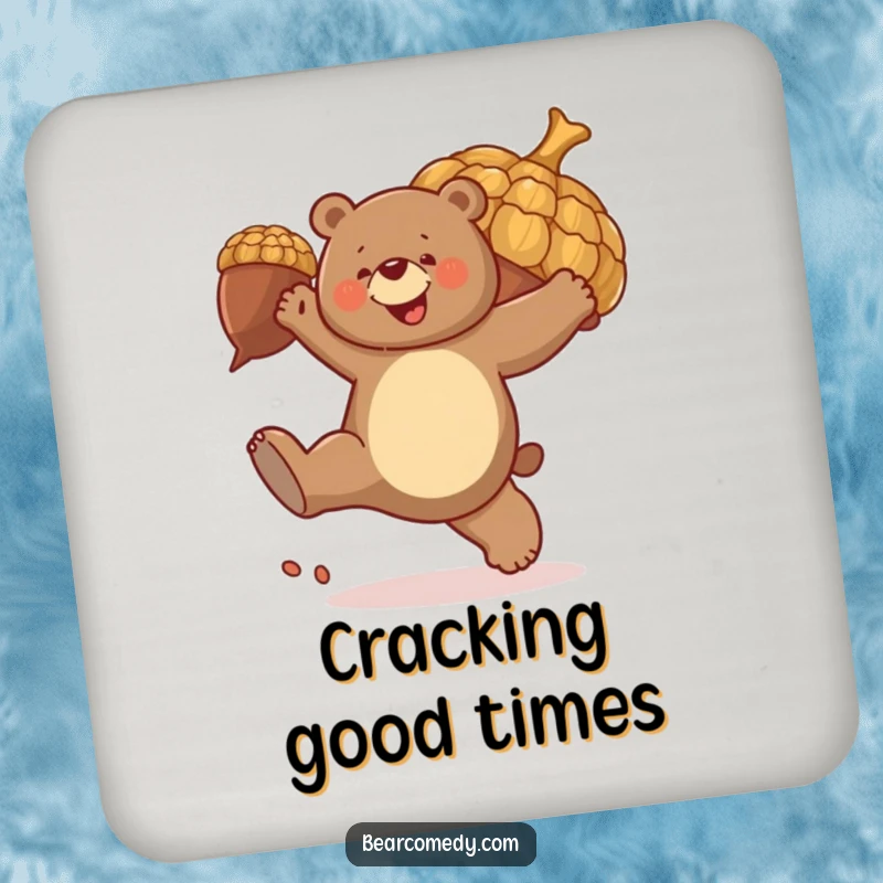 Funny coaster design: A bear joyfully kicks a giant, bouncing acorn, adding a touch of playful energy to drink service.