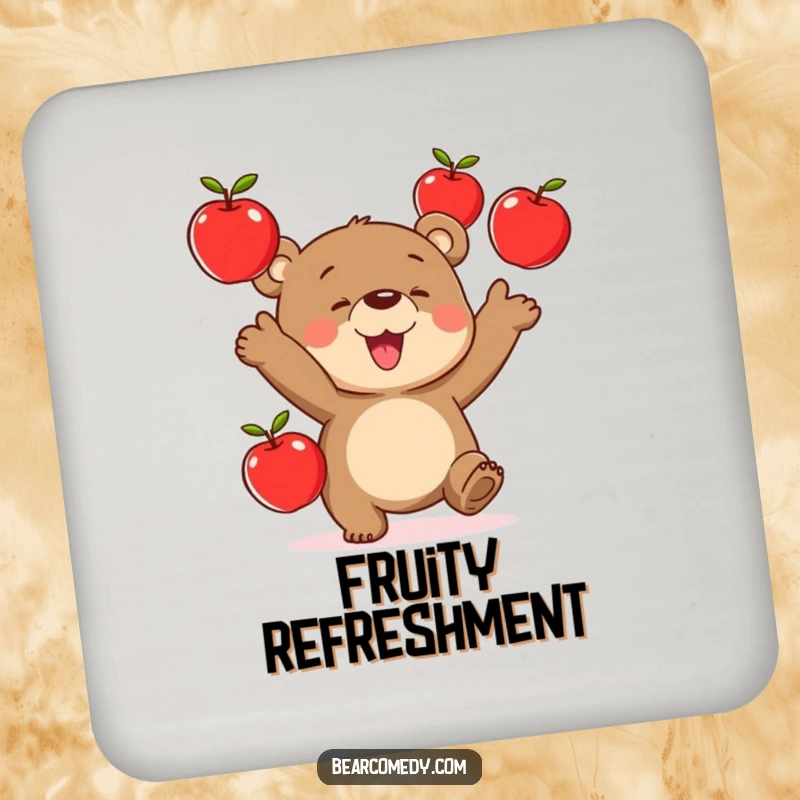 Funny drink coaster showcasing a bear character joyfully juggling three red apples, adding a playful touch.