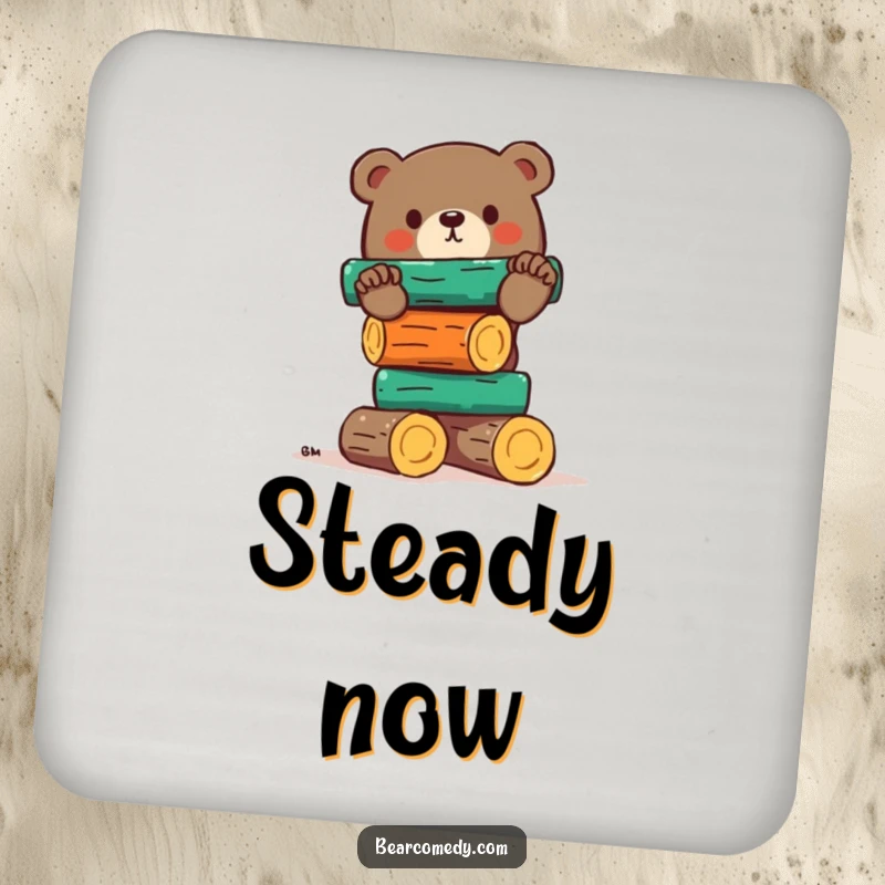 Funny bear drink coaster illustrating a bear comically balancing colorful logs, protecting surfaces with a dose of humor.