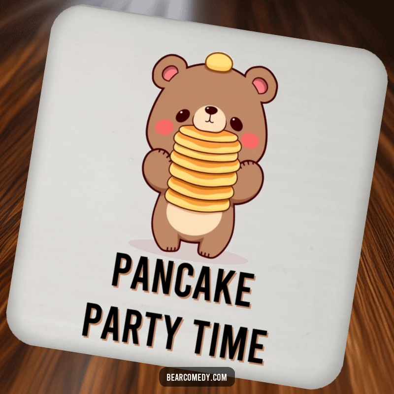 Funny bear character balancing a tall stack of pancakes on its nose, a set of coasters for drinks.
