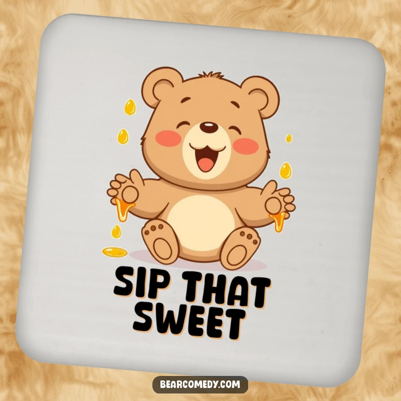 Funny drink coaster with a bear's paws outstretched, joyfully catching honey droplets, adding sweet humor to table protection.