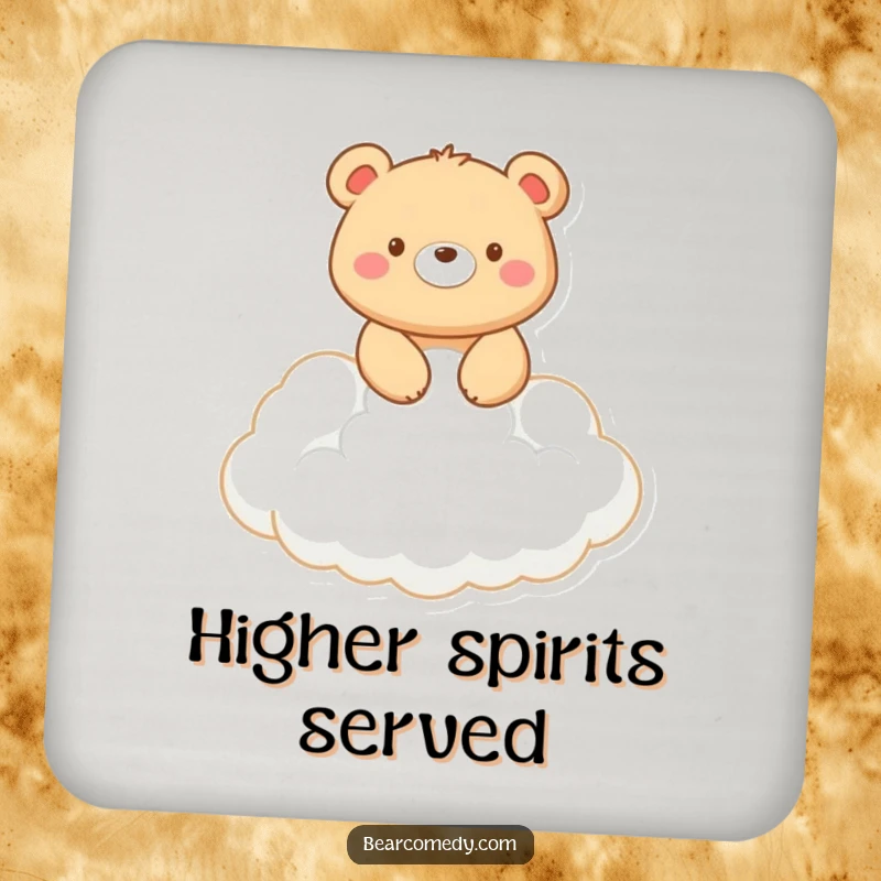 Funny coaster design: A smiling bear rides on a white fluffy cloud, adding a touch of whimsy to drink service.