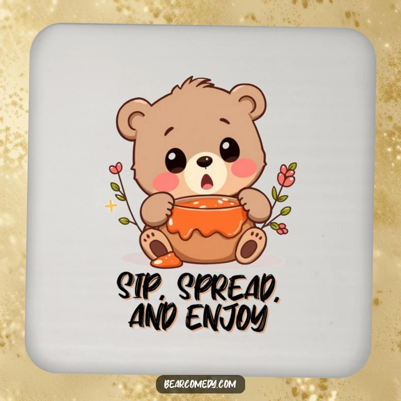 Funny drink coaster depicting a bear character squeaking in surprise at discovering a hidden pot of jam.