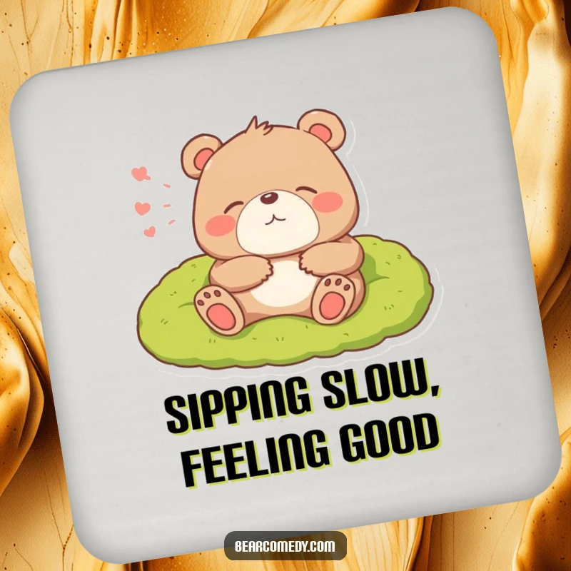 Funny drink coaster depicting a bear character lounging on a mossy bed and emitting a big, happy sigh.