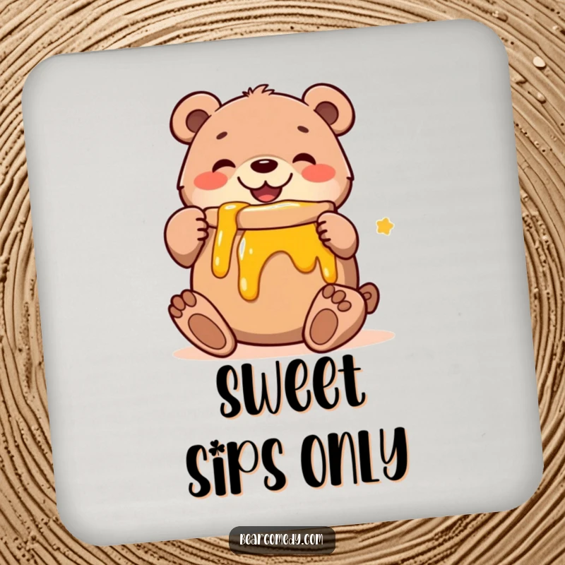 Funny drink coaster with a happy bear character hugging a giant pot of honey, adding a touch of sweetness and protection.