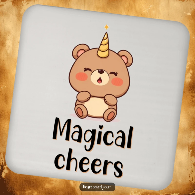 Funny bear coaster featuring a character with rosy cheeks, about to blow a magical, glowing horn, full of wonder.