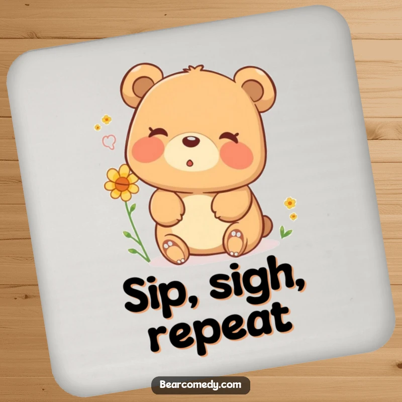 Funny drink coaster with a happy bear character sighing out pollen, offering surface protection with a dose of cheerful humor.