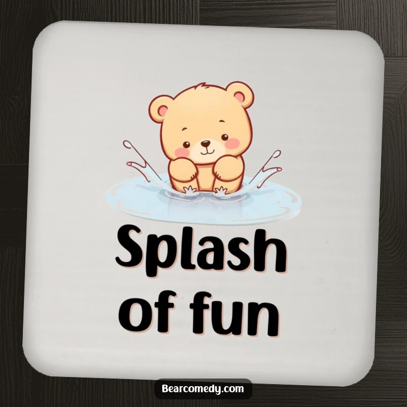 Funny Coaster featuring a bear animal playfully splashing in a puddle, offering surface protection with a splash of adorable humor.