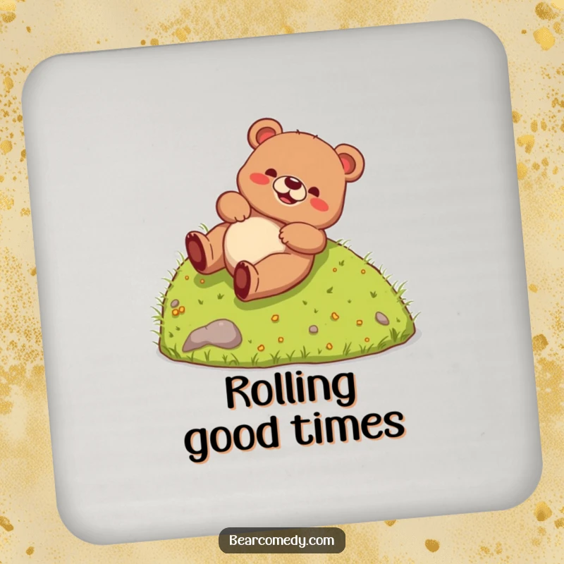 Funny Coaster featuring a bear creature happily rolling down a hill, providing surface protection with a touch of whimsical, hilarious fun.