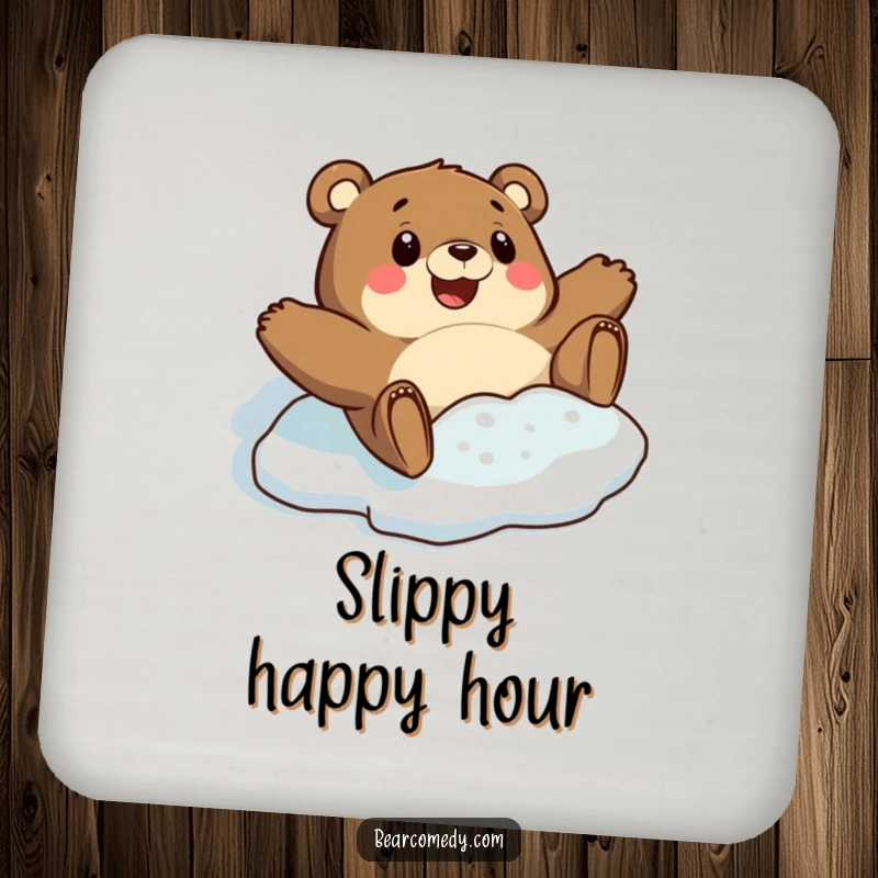 Funny drink coaster featuring a bear character comically sliding on a slick icy patch with surprised delight, perfect for winter gatherings.