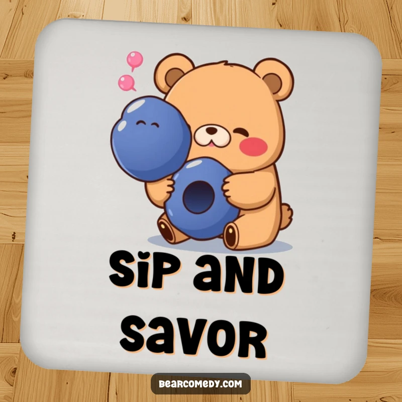 Funny drink coaster depicting a bear with a happy sigh, happily munching on a giant blueberry, adding sweet humor.