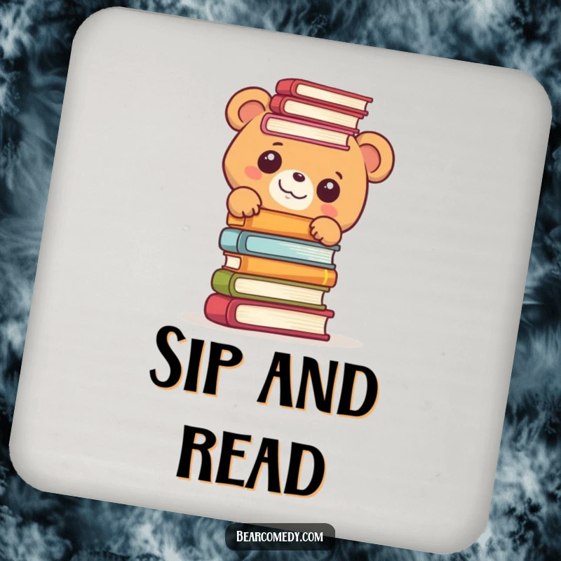 Funny drink coaster showcasing a bear character peeking with delight from behind a tall stack of books, adding charm.