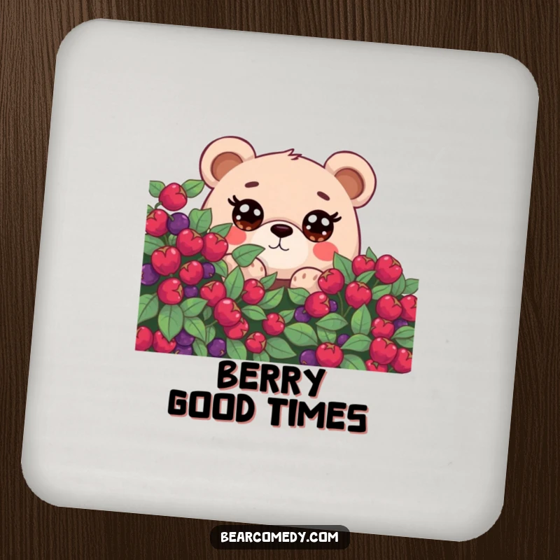 Funny drink coaster featuring a bear with large, curious eyes peeking from behind a berry bush, adding charm and protection.