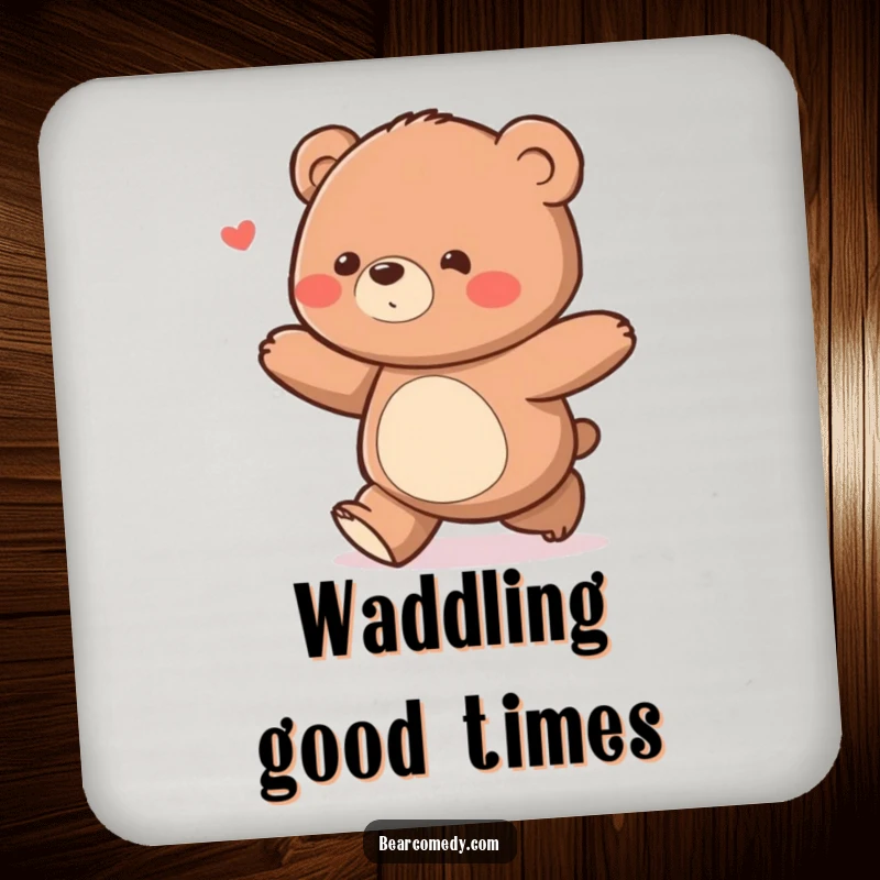 Funny bear character with a delighted waddle ambling along on a drink coaster, for cheerful décor.