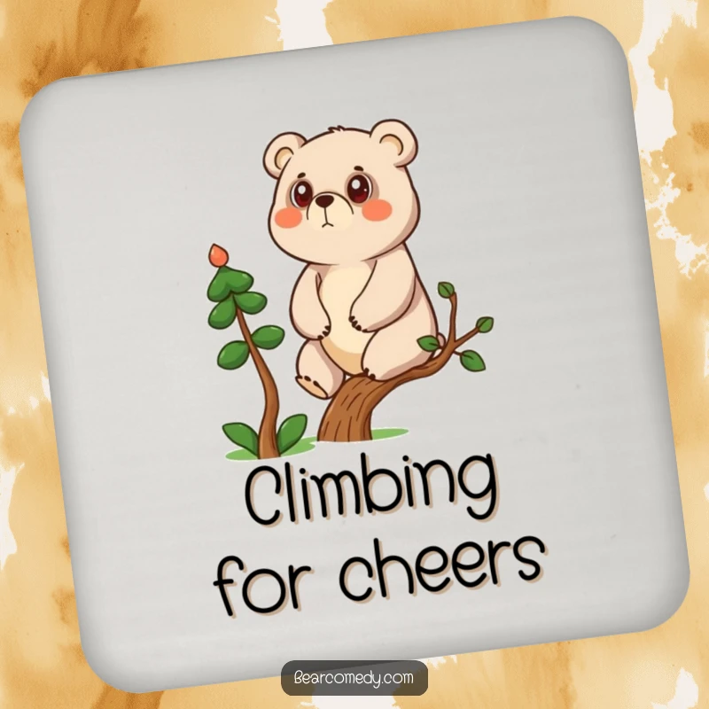 Funny determined bear character climbing a small tree on a drink coaster, for motivational home décor.