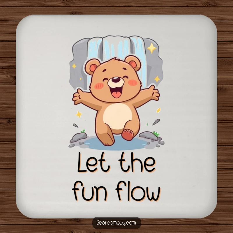 Funny energetic bear with arms outstretched, lumbering excitedly towards a sparkling waterfall, a set of coasters for drinks.