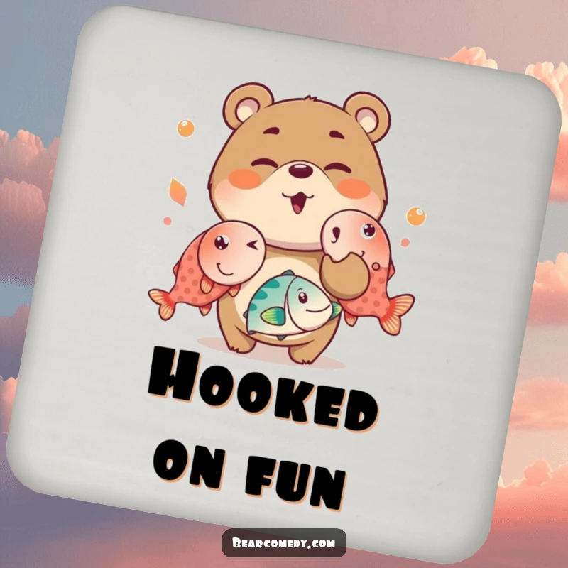 Funny drink coaster with a mischievous bear charactere winking and juggling oversized, bright fish, protecting tables with humor.