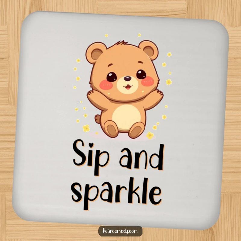 Funny coaster with a gleeful bear character spinning with delight, covered in sparkling pollen, offering whimsical protection.