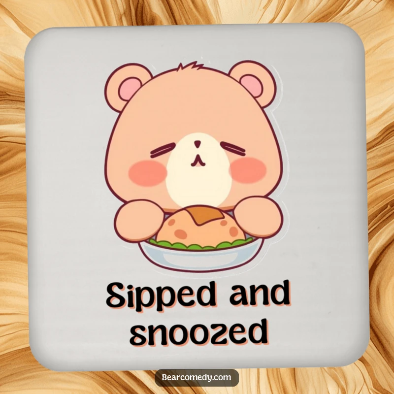 Funny drink coaster with a sleepy bear character, eyes happy, adorably yawning after a big meal, for cozy surface protection.