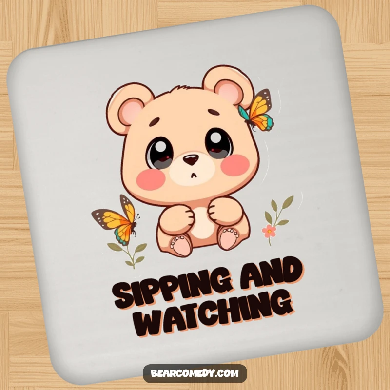 Funny bear character with wide, wondering eyes watching a butterfly on a drink coaster, for charming décor.