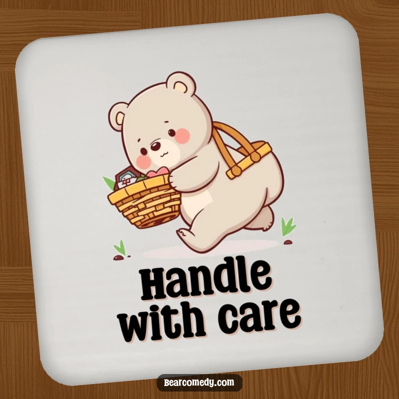 Funny coaster with a playful bear character comically tripping with an oversized picnic basket, offering humorous protection.