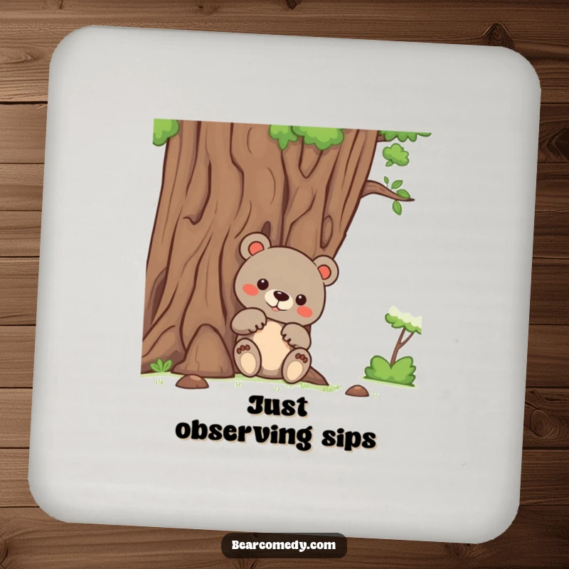 Funny bear drink coasters featuring a curious bear peeking from behind a friendly tree, offering playful protection for surfaces.