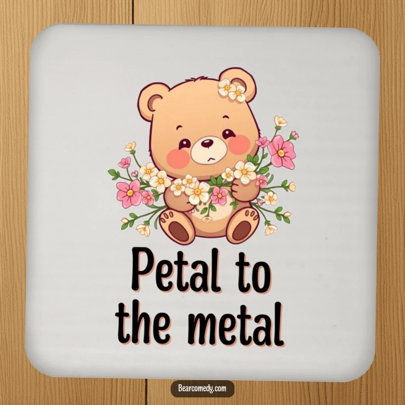 Funny coaster design: A bear is playfully tangled in a garland of flowers, adding a touch of whimsy to drink service.