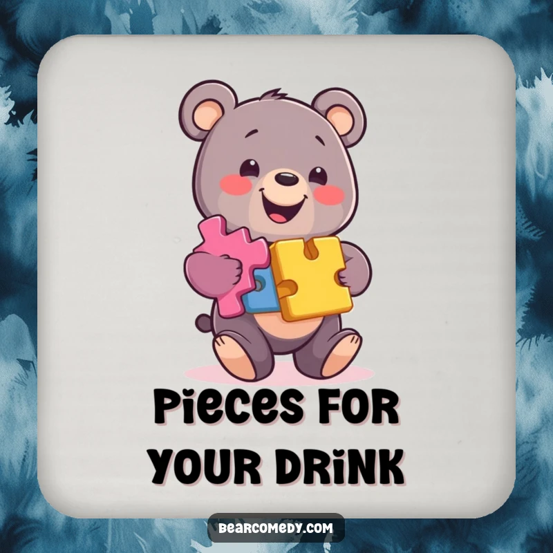 Funny bear drink coasters featuring a smiling character balancing colorful puzzle pieces, offering playful protection and a smart design.