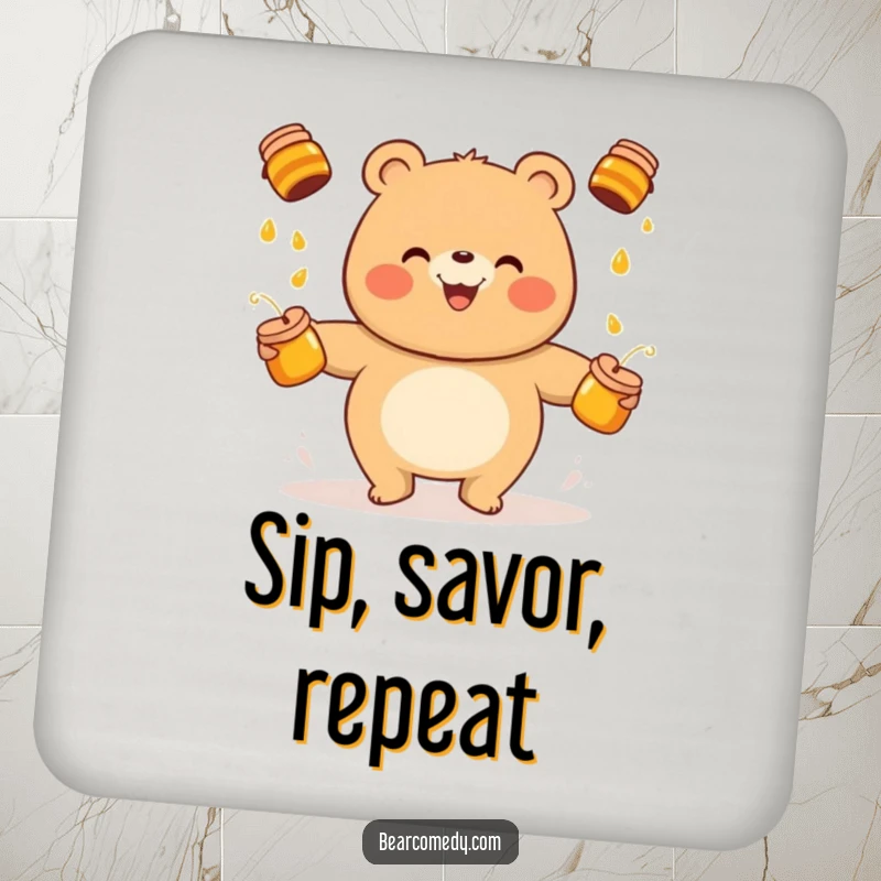 Funny bear drink coasters featuring a cheerful character juggling honey pots, protecting surfaces with a touch of sweet, humorous design.