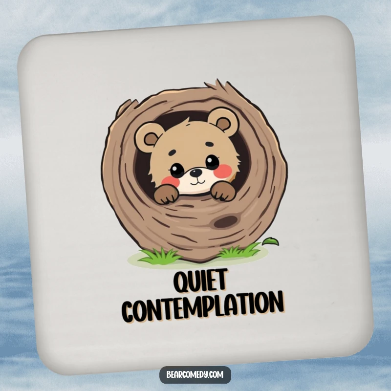 Funny curious bear peeking from behind a large, fallen log with a gentle gaze, a set of coasters for drinks.