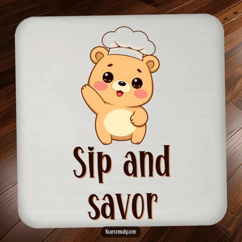 Funny drink coaster featuring a cute bear in a chef hat, striking a comical baking pose, perfect for kitchen protection.