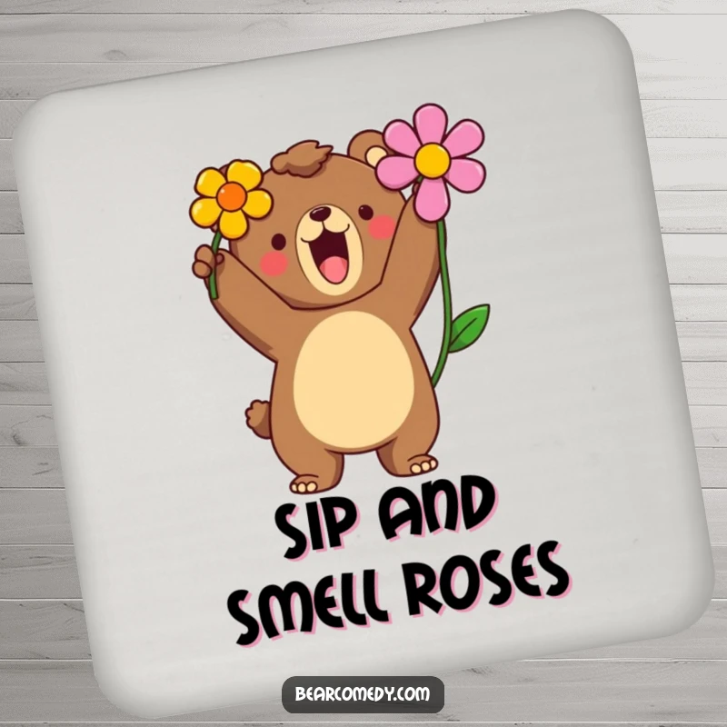 Funny drink coaster depicting a bear character proudly roaring and holding a brightly colored flower aloft.