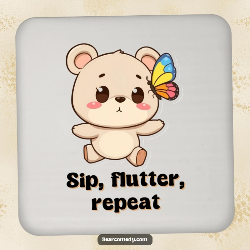 Funny drink coasters featuring a bear character with wide eyes chasing a butterfly, protecting surfaces with whimsical, nature-themed artwork.