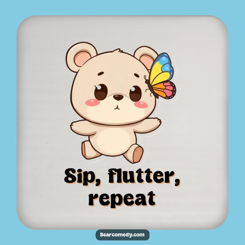 Funny Bear Butterfly Chase Drink Coasters - Protect Surfaces with Whimsical Art!