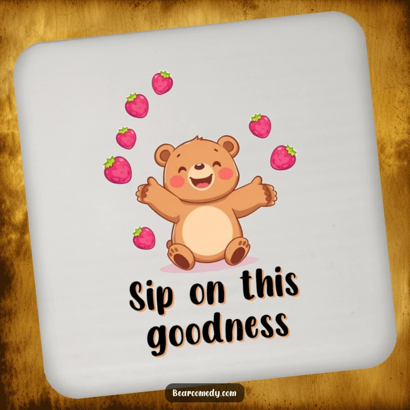 Funny bear drink coasters featuring a happy bear juggling bright, bouncing berries, offering playful protection with a fruity design.