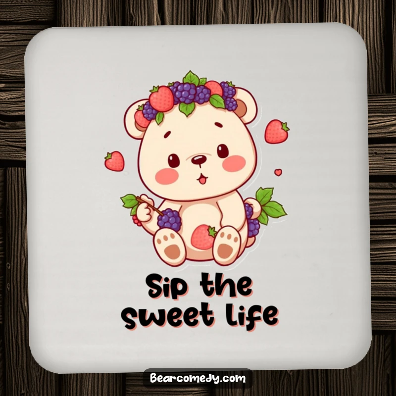 Funny drink coaster with a bear character crowned with berries, enjoying its sweet harvest, offering surface protection.