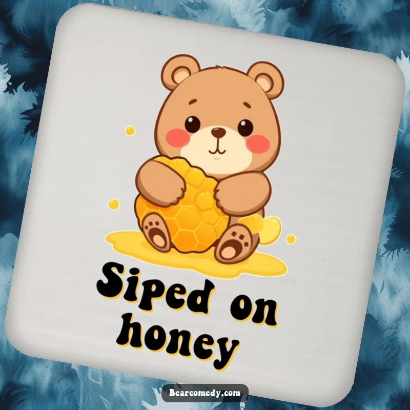 Funny drink coaster with a round bear character hugging a giant honeycomb, adding sweet humor to drink protection.