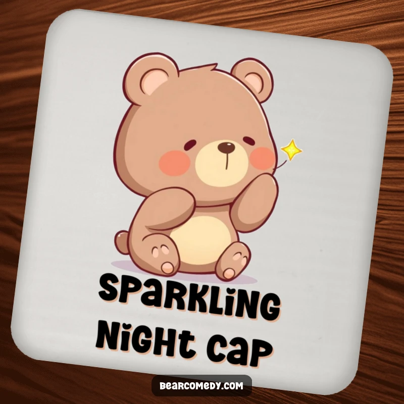Funny drink coaster with a curious bear character, head tilted, examining a sparkling firefly, for magical surface protection.