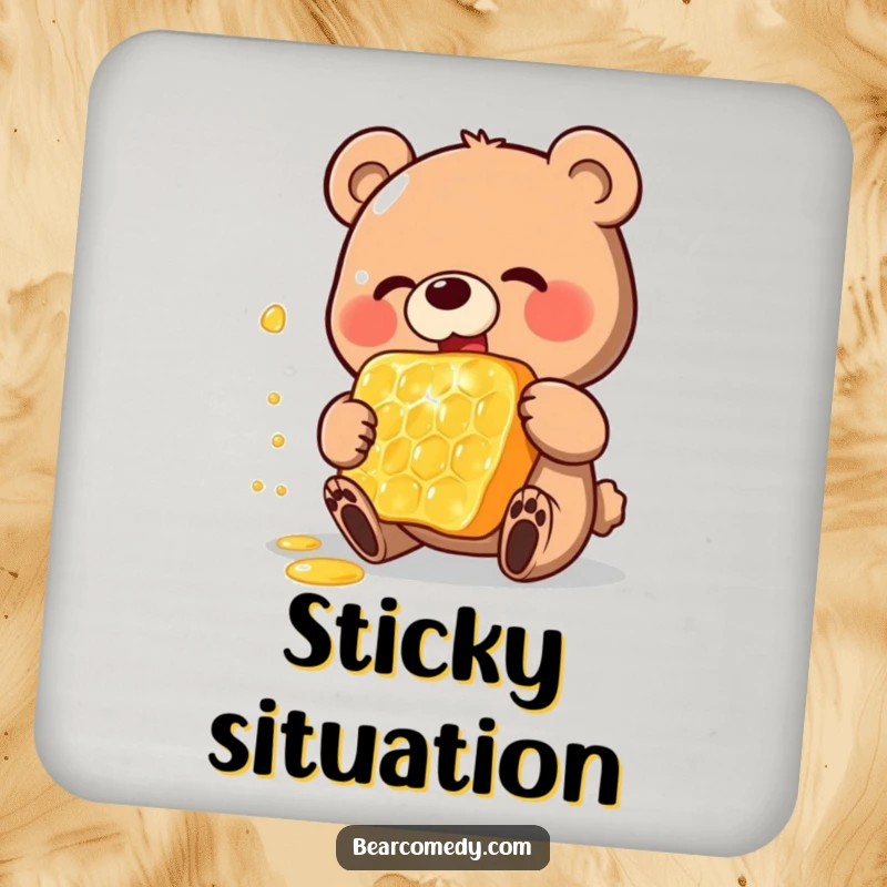 Funny drink coaster with a happy bear charactereating a gigantic, shimmering honeycomb, protecting tables with a touch of humor.